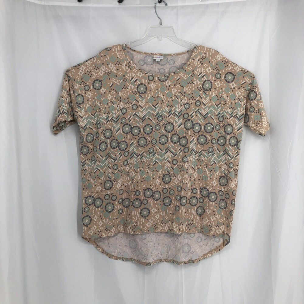 Lularoe Women's Top 2x XL XXL Irma Tunic Tan Teal Geometric Polyester Spandex